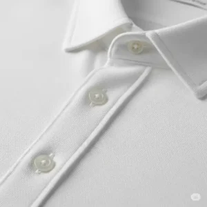 Close-up of a classic white button down golf shirt with subtle texture.