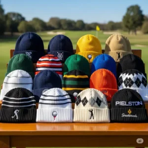 Various styles and colors of golf beanies displayed, showcasing different designs suitable for golfers.