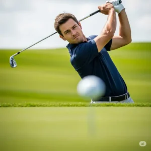 A detailed, slow-motion shot of a golfer's swing, emphasizing the fluid, quiet motion and the focused concentration required to make a perfect golf quiet shot.