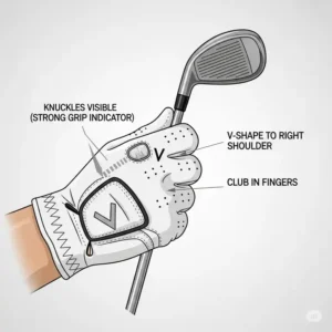 A diagram showing the back of a golfer's left hand on the club, with two to three knuckles visible, a clear indicator of a strong grip position.