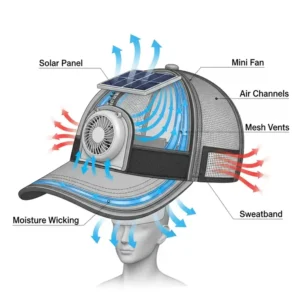 A diagram illustrating the ventilation system of a cooling golf hat, showing air flow to keep the wearer's head cool.