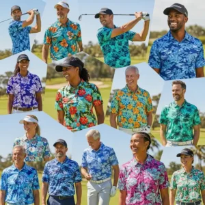 A collage of different men and women wearing stylish Hawaiian golf shirts in various colors and patterns.