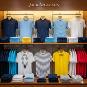 A display of various jack nicklaus golf shirts in a retail store, highlighting different colors and styles.