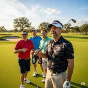 A group of men laughing, with one wearing a black and grey camo golf shirt.