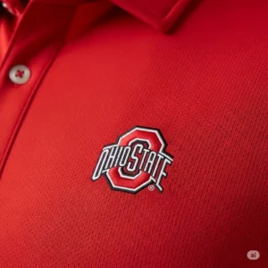 A close-up detail shot of the fabric on an Ohio State golf shirt, showing its breathable texture.