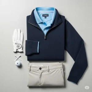 An overhead shot showing a quarter-zip sweater layered over a polo shirt, demonstrating a classic golf quarter zip outfit.