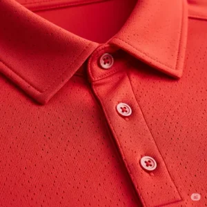 A detailed view of the breathable, moisture-wicking fabric of a high-quality red golf polo, showing the collar and button placket.