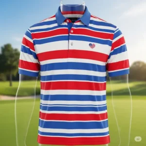 A vibrant red, white, and blue striped american flag golf shirt for American pride.