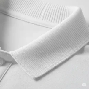 Detail shot of the ribbed collar of a stylish white golf polo, emphasizing its classic design and structure.