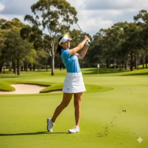An action shot of a woman in a white golf skirt, mid-swing on a golf course, showcasing the skirt's flexibility and freedom of movement.