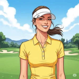 An illustration of a woman smiling while wearing a stylish yellow golf polo shirt and a sun visor.