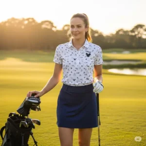 Woman wearing a stylish Disney golf polo, paired with a golf skirt on the putting green.