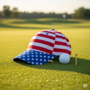 An American flag-themed golf hat resting on a green golf course, with a golf ball and tee nearby.