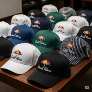 A neatly arranged collection of various Arnold Palmer golf hats in different colors, showcasing the diversity of styles available.