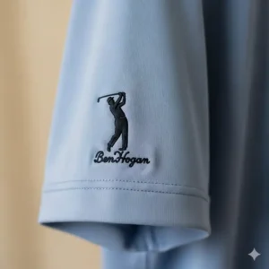 The signature Ben Hogan logo embroidered on the sleeve of a new Ben Hogan golf shirt.