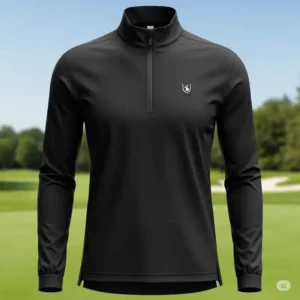 A full-length, front-view image of a black golf quarter zip, highlighting its streamlined fit and design.