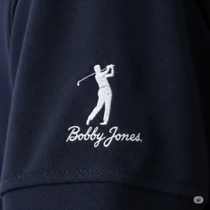 The embroidered logo of the bobby jones golf shirts on the sleeve.