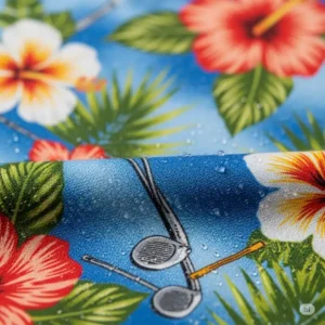 Close-up shot of the soft, moisture-wicking fabric of a high-quality Hawaiian golf shirt.