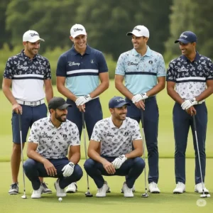 Group of friends enjoying a round of golf, each wearing a unique Disney golf polo shirt.