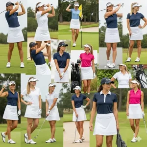A collage of diverse women confidently wearing a white golf skirt that flatters various body types.