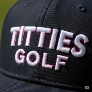 A detailed, high-resolution photo of the embroidery on a "titties golf hat". The image focuses on the texture and craftsmanship of the lettering, showing the quality of the product.