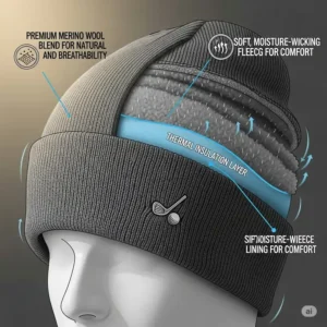 Close-up illustration highlighting the comfortable fit and warmth provided by a high-quality golf beanie.