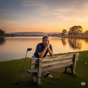 A golfer sits on a bench overlooking a lake, their club resting beside them, lost in golf quiet reflection after a challenging hole.