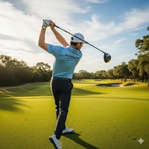 A golfer swinging a club while wearing a modern jack nicklaus golf shirt on the green, showing its functional fit.