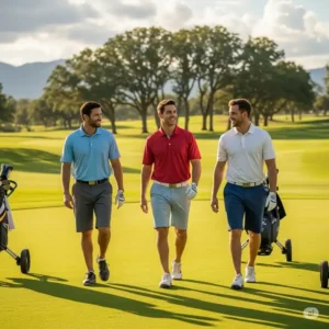 Three friends smiling and walking down the fairway, one of them wearing a classic red golf polo, enjoying a round of golf.
