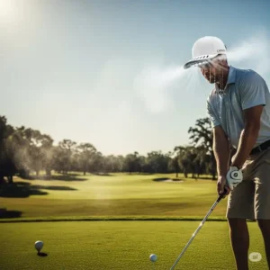 An animated graphic showing a golfer on a hot day with the activated cooling effect of a cooling golf hat.