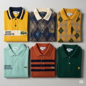 Lay flat image featuring vintage golf polos from iconic brands like Izod Lacoste and Pringle.