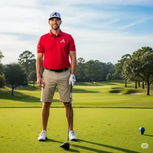  A man wearing an atlanta braves golf shirt and khaki shorts, ready to play a round of golf.