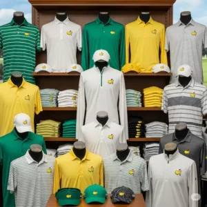 Display of official Masters Tournament apparel, including a variety of masters tournament golf shirts for fans and players.