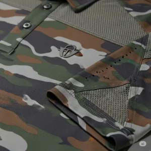 Detail of the moisture-wicking fabric and breathable design on a performance camo golf shirt.
