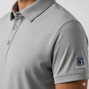 Detail shot of the collar and sleeve of a PGA Tour golf shirts, highlighting its stretch fabric and comfortable design.