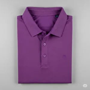 purple polo golf shirt laid flat, showing buttons and logo.