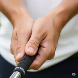 A detailed view of the top hand's thumb position in a strong golf grip, showing it resting slightly on the right side of the shaft, which helps to create a secure hold.