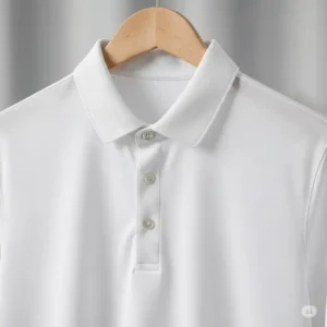 A crisp white golf polo neatly displayed on a hanger, showcasing its clean lines and versatility.