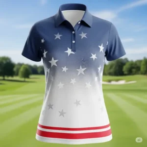 A stylish, breathable women's american flag golf shirt in a patriotic design.