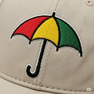 A detailed macro shot of the embroidered Arnold Palmer umbrella logo, highlighting the quality and craftsmanship on the side of a golf hat.