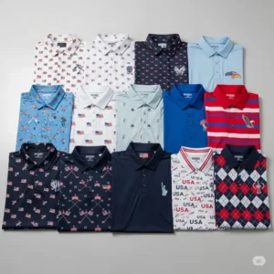 Rear view of a person wearing an american flag golf shirt, highlighting the back design.