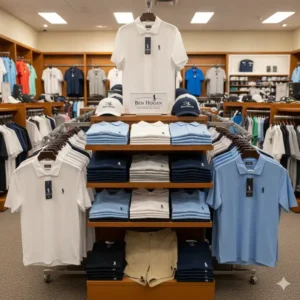 A display of various Ben Hogan golf shirts and other apparel, including shorts and hats, in a pro shop.