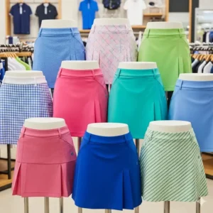 A vibrant collection of colorful golf skirts for ladies in various shades, including pink, blue, and green.