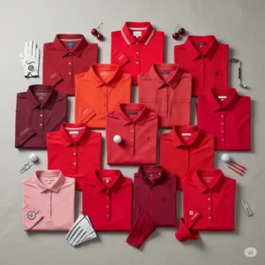 A flat lay showcasing a variety of men's and women's red golf polos in different shades and styles, from classic to modern performance fits.