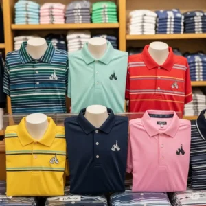  Collection of new Disney golf polos in various colors and designs, neatly displayed on a store rack.