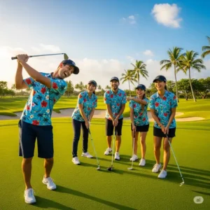 A group of friends laughing while playing golf, all wearing matching tropical-themed Hawaiian golf shirts.