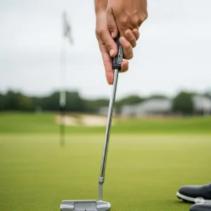 A close-up of a golfer's hands on a putter, illustrating the delicate and quiet touch needed for a precise golf quiet putt on the green.