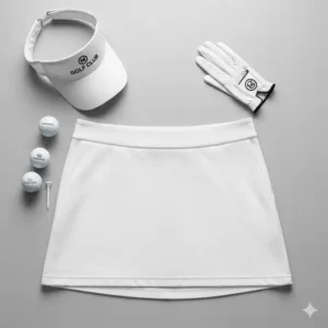 A flat lay image showing a white golf skirt neatly folded with coordinating golf accessories, including a visor, golf balls, and a pair of white golf shoes.