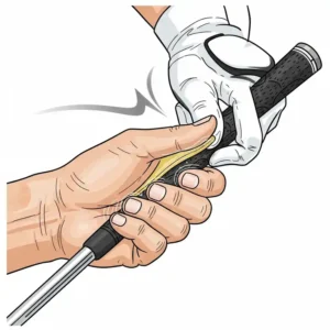 An illustration of the bottom hand's correct placement and pressure on the golf club when using a strong grip, emphasizing how the fingers and palm work together.