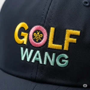 A close-up shot of the embroidered Golf Wang golf hat logo on the front, emphasizing its intricate detail and color.